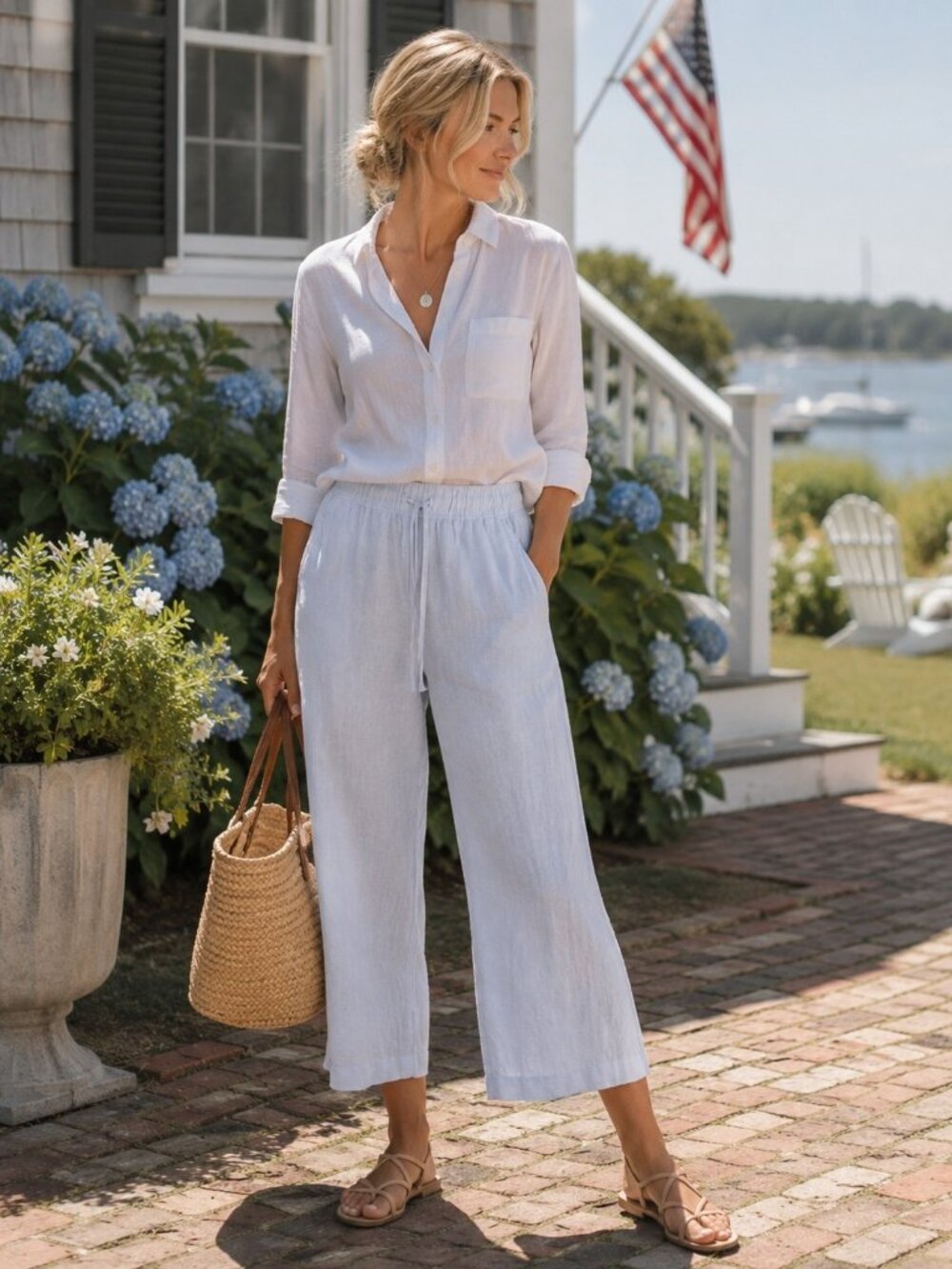Joie Light blue linen pull on cropped wide leg coastal beach womens pants